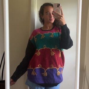 Vintage 80s SK & Company Festive Rabbit Hair & Wool Sweater in Multi Color/Gold